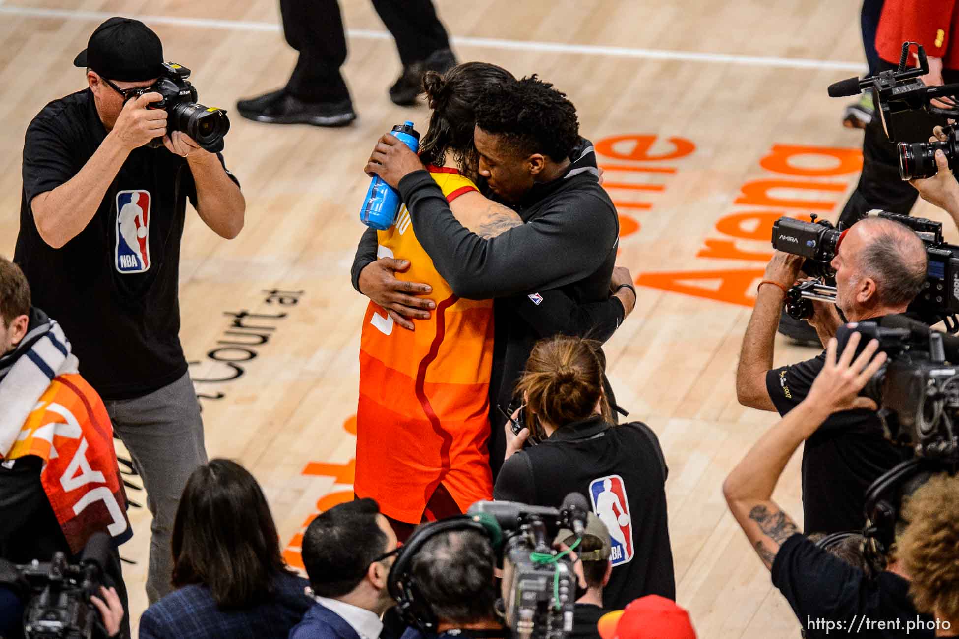 (Trent Nelson | The Salt Lake Tribune)  
Utah Jazz host the Oklahoma City Thunder, Game 3, NBA playoff basketball in Salt Lake City, Saturday April 21, 2018. Utah Jazz guard Ricky Rubio (3) and Utah Jazz guard Donovan Mitchell (45) embrace.