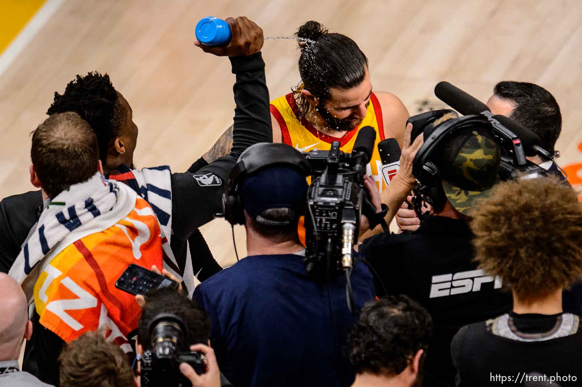 (Trent Nelson | The Salt Lake Tribune)  
Utah Jazz host the Oklahoma City Thunder, Game 3, NBA playoff basketball in Salt Lake City, Saturday April 21, 2018. Utah Jazz guard Donovan Mitchell (45) sprays Utah Jazz guard Ricky Rubio (3) with water.