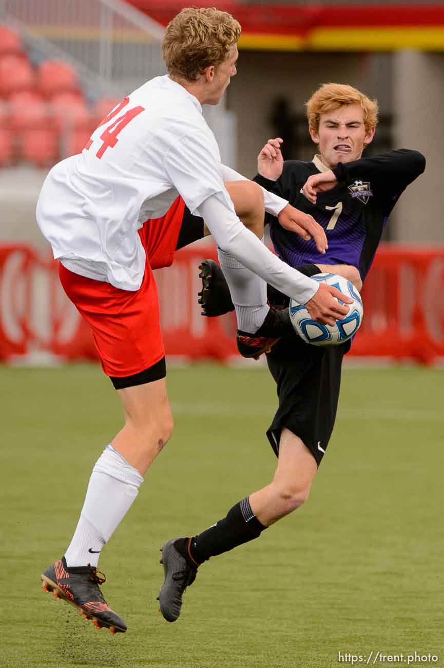 (Trent Nelson | The Salt Lake Tribune)  
Desert Hills vs. Park City High School, Saturday May 12, 2018. Park City's Andre Hoglin and Desert Hills's Jake Barton.