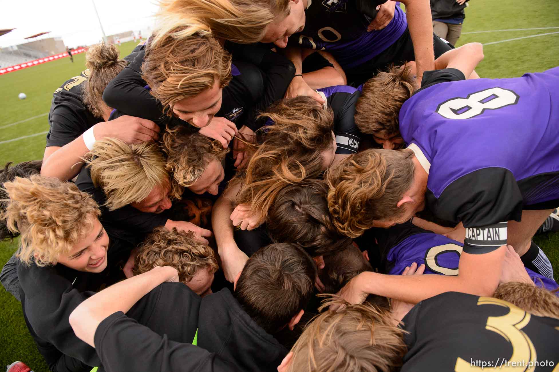 (Trent Nelson | The Salt Lake Tribune)  
Desert Hills players celebrate their win over Park City High School in the 4A state championship game, Saturday May 12, 2018.