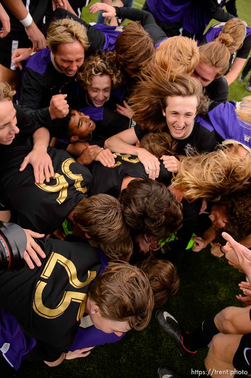 (Trent Nelson | The Salt Lake Tribune)  
Desert Hills players celebrate their win over Park City High School in the 4A state championship game, Saturday May 12, 2018.