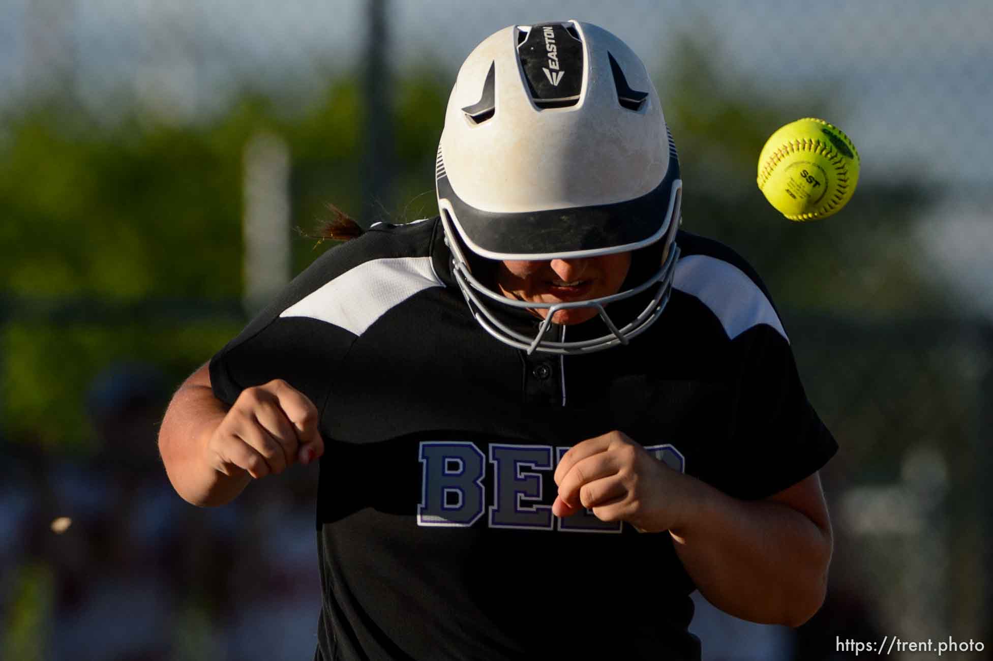 (Trent Nelson | The Salt Lake Tribune)  
Box Elder beats Bountiful High School in the 5A Softball State Championship game, Thursday May 24, 2018. Box Elder's Kyra Hardy (16) runs to first.