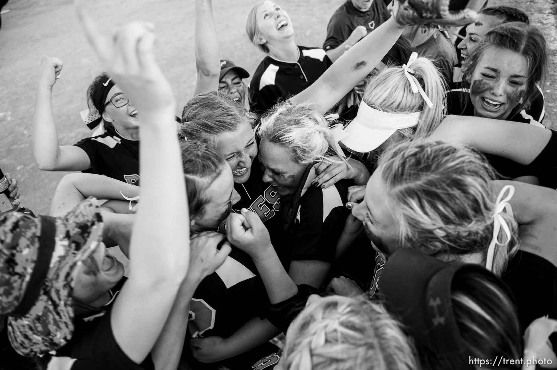 (Trent Nelson | The Salt Lake Tribune)  
Box Elder beats Bountiful High School in the 5A Softball State Championship game, Thursday May 24, 2018. Box Elder players celebrate.