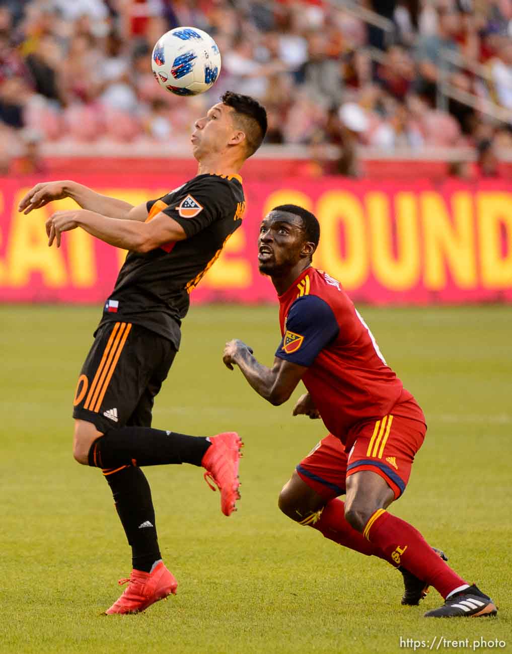 (Trent Nelson | The Salt Lake Tribune)  
Houston Dynamo midfielder Tomas Martinez (10) and Real Salt Lake midfielder Stephen Sunny Sunday (8) as Real Salt Lake hosts Houston Dynamo, MLS Soccer at Rio Tinto Stadium in Sandy, Utah, Wednesday May 30, 2018.