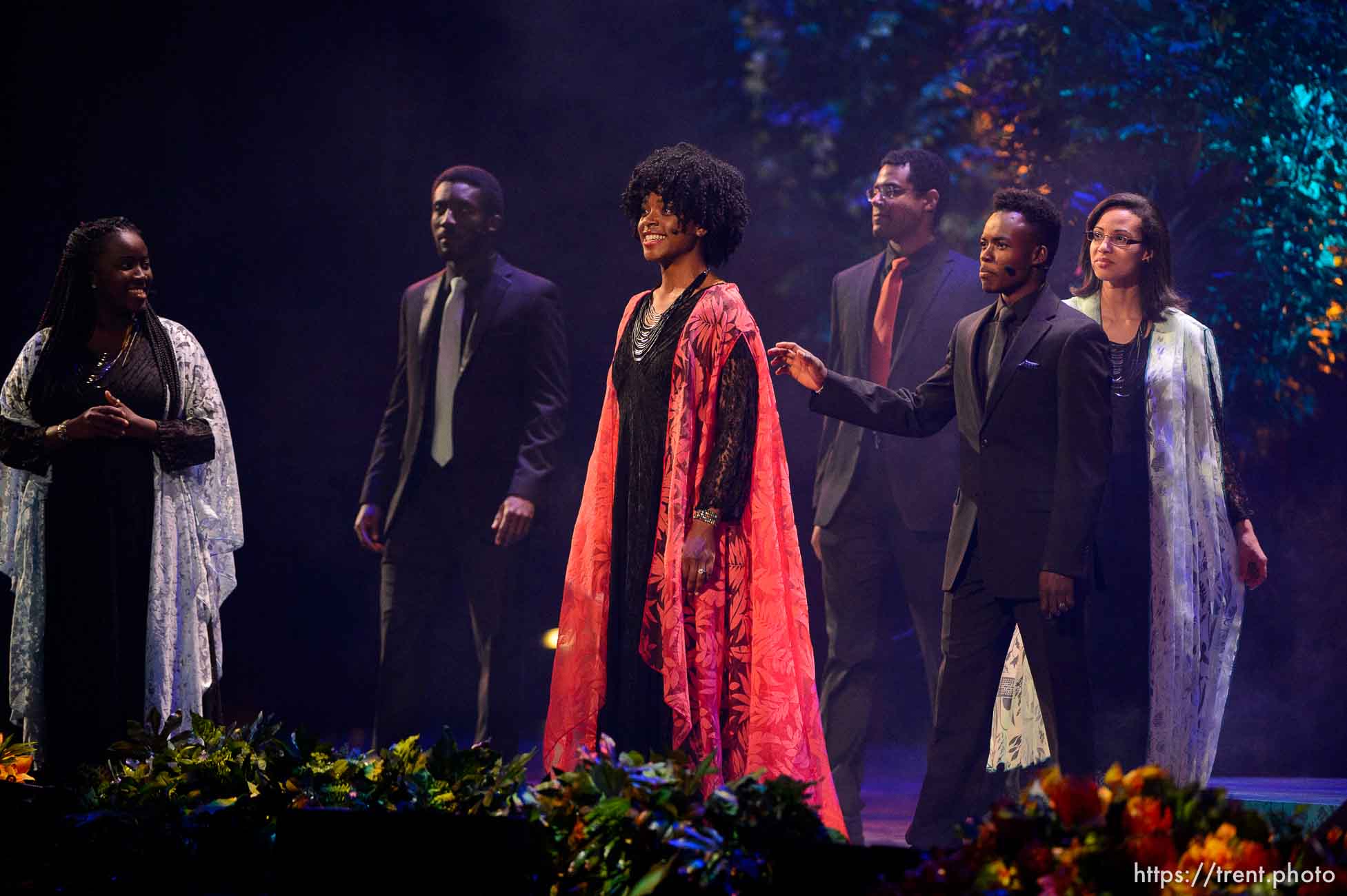 (Trent Nelson | The Salt Lake Tribune)  
The dress rehearsal for “Be One,” an event put on by the LDS Church to celebrate the 1978 revelation on the priesthood on its 40th anniversary (which is June 1), in Salt Lake City, Thursday May 31, 2018. Nidia Vidigal, Eddiong Ekpo, Ashley Bryant Miller, Michael Nugent, Williamson Sintyl, Nidia Vidigal.