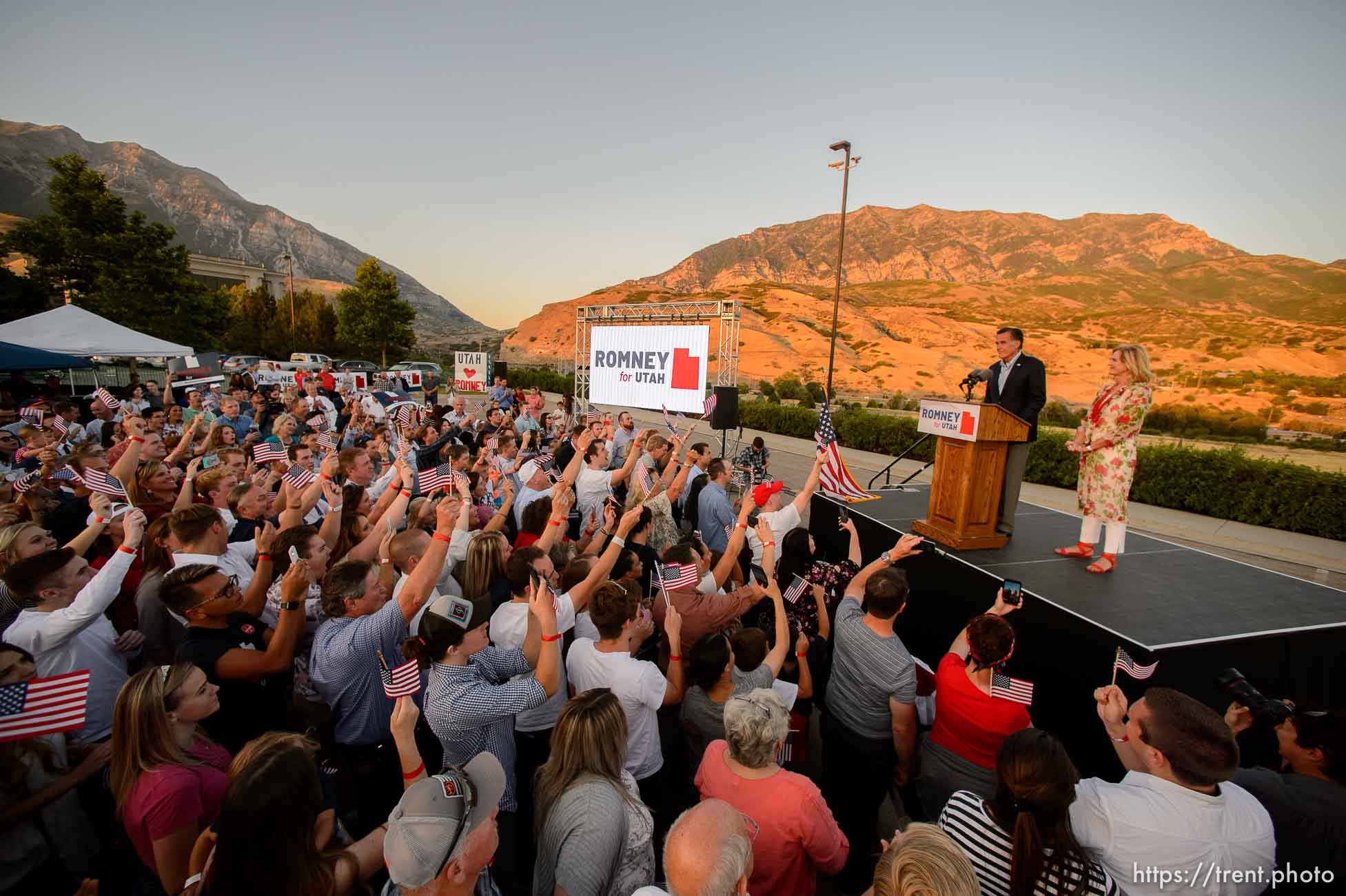 (Trent Nelson | The Salt Lake Tribune)
Mitt Romney speaks in Orem after winning the Republican primary for U.S. Senate, Tuesday June 26, 2018. Ann Romney at right.