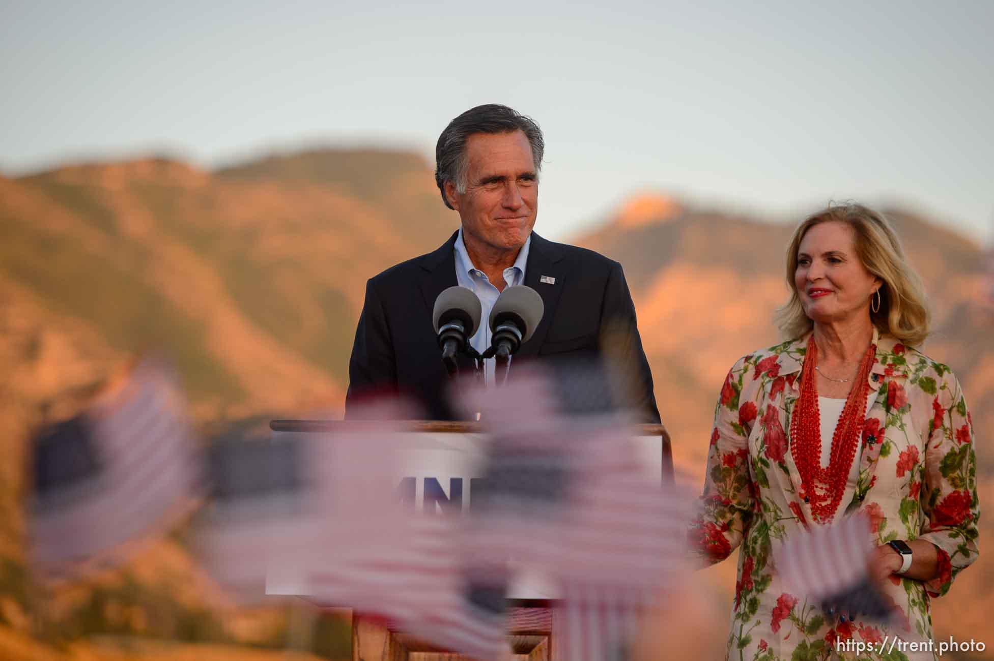 (Trent Nelson | The Salt Lake Tribune)
Mitt Romney speaks in Orem after winning the Republican primary for U.S. Senate, Tuesday June 26, 2018. Ann Romney at right.