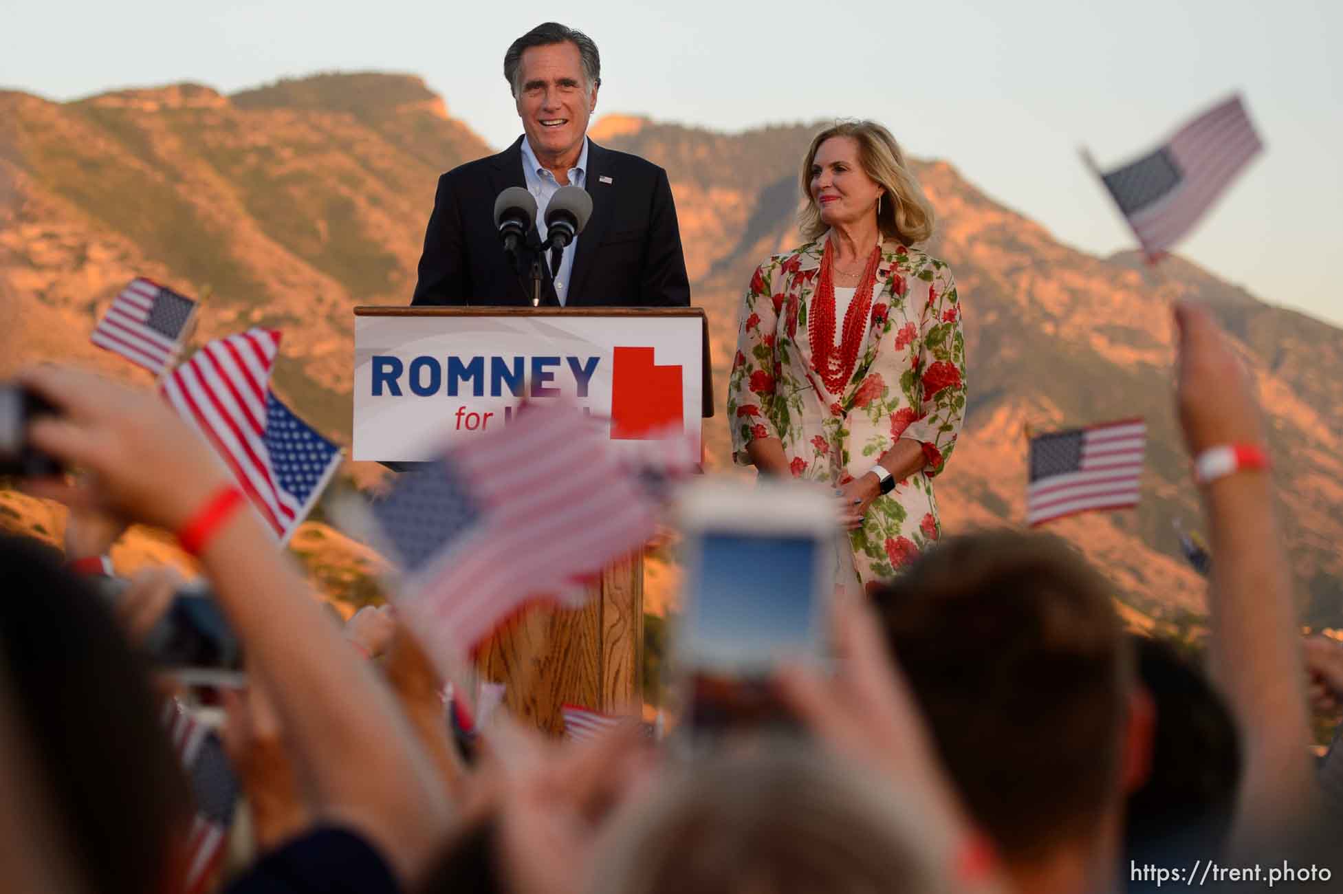 (Trent Nelson | The Salt Lake Tribune)
Mitt Romney speaks in Orem after winning the Republican primary for U.S. Senate, Tuesday June 26, 2018. Ann Romney at right.