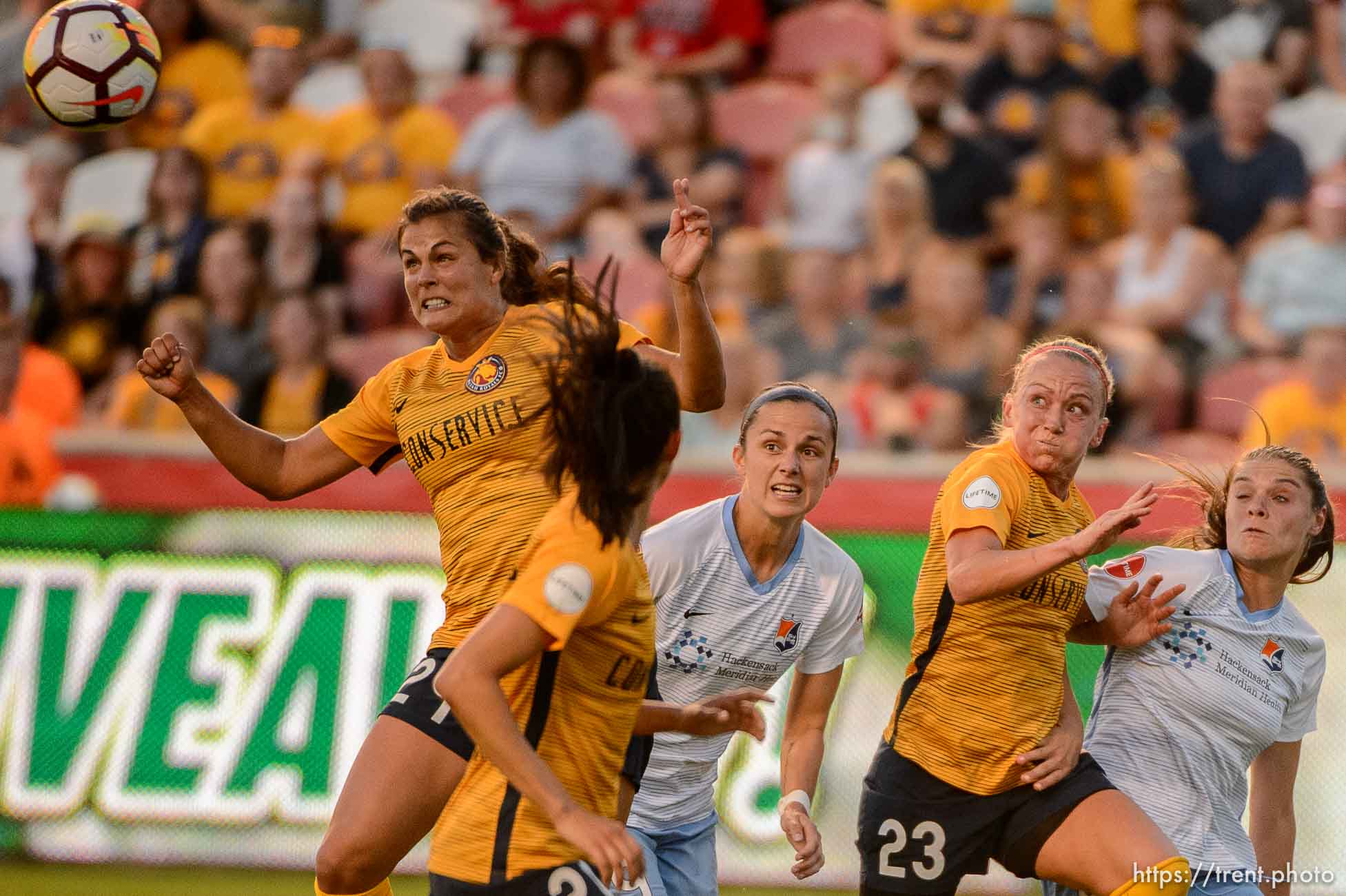 (Trent Nelson | The Salt Lake Tribune)
Utah Royals FC forward Katie Stengel (24) heads in a goal as the Utah Royals host Sky Blue FC at Rio Tinto Stadium in Sandy, Saturday June 30, 2018.