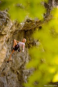 (Trent Nelson | The Salt Lake Tribune)  
Victoria Brunner rock climbing in American Fork Canyon, Tuesday July 17, 2018.