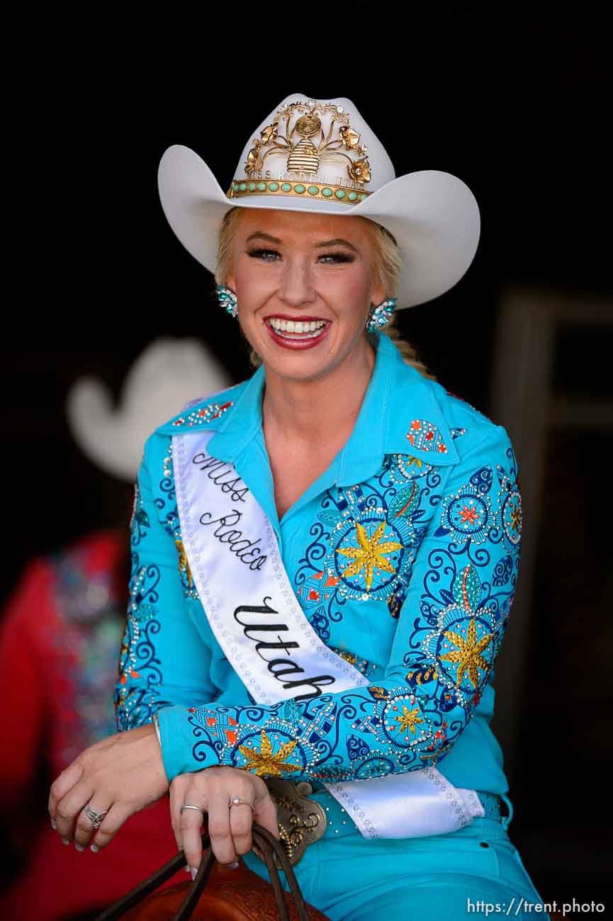 (Trent Nelson | The Salt Lake Tribune)  
Contestants in the Miss Utah Rodeo pageant compete in the horsemanship competition at the Golden Spike Arena in Ogden, Thursday July 19, 2018. Miss Rodeo Utah 2018 Carly Peercy.