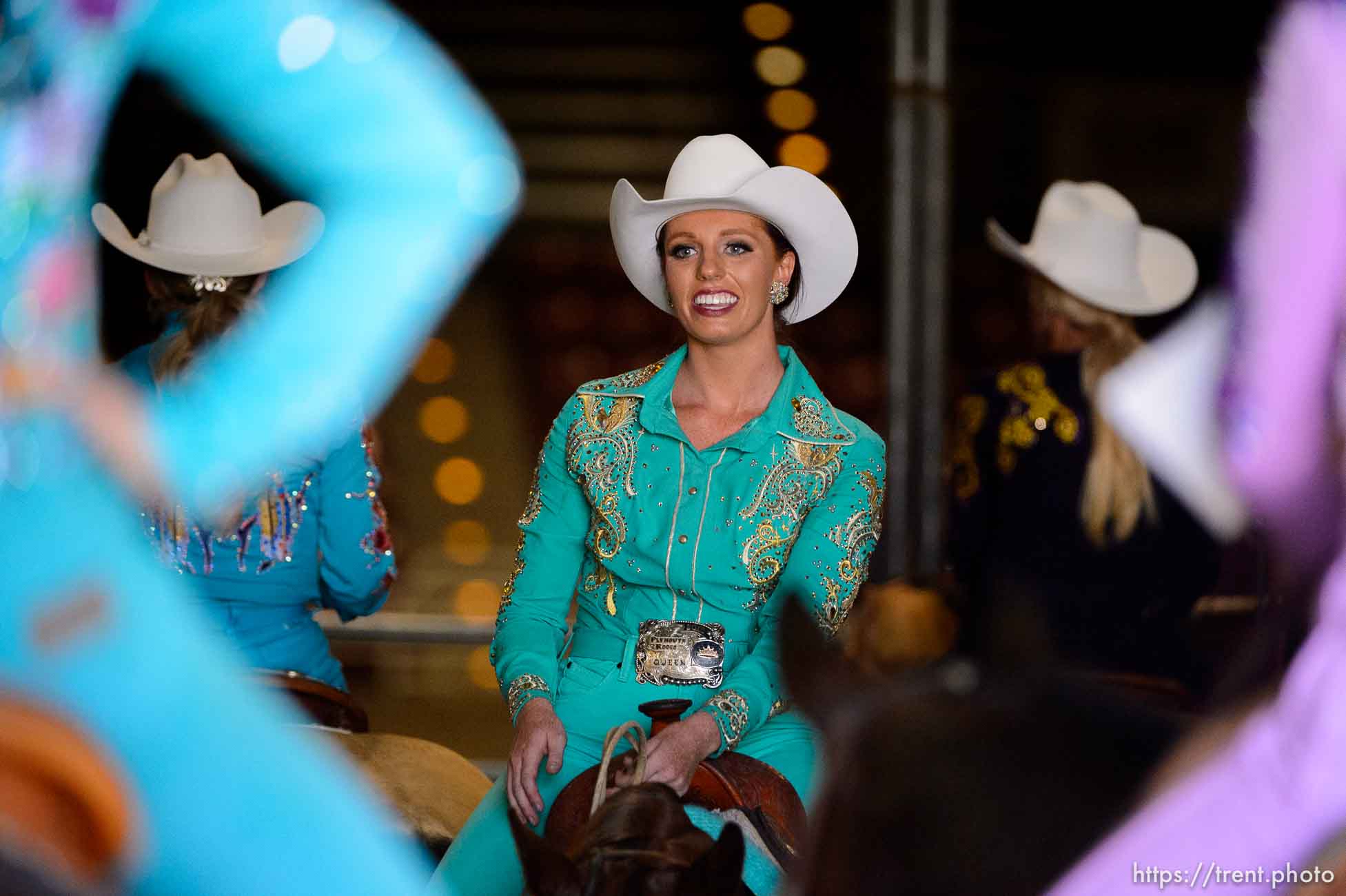 (Trent Nelson | The Salt Lake Tribune)  
Contestants in the Miss Utah Rodeo pageant compete in the horsemanship competition at the Golden Spike Arena in Ogden, Thursday July 19, 2018. Jerrica James.