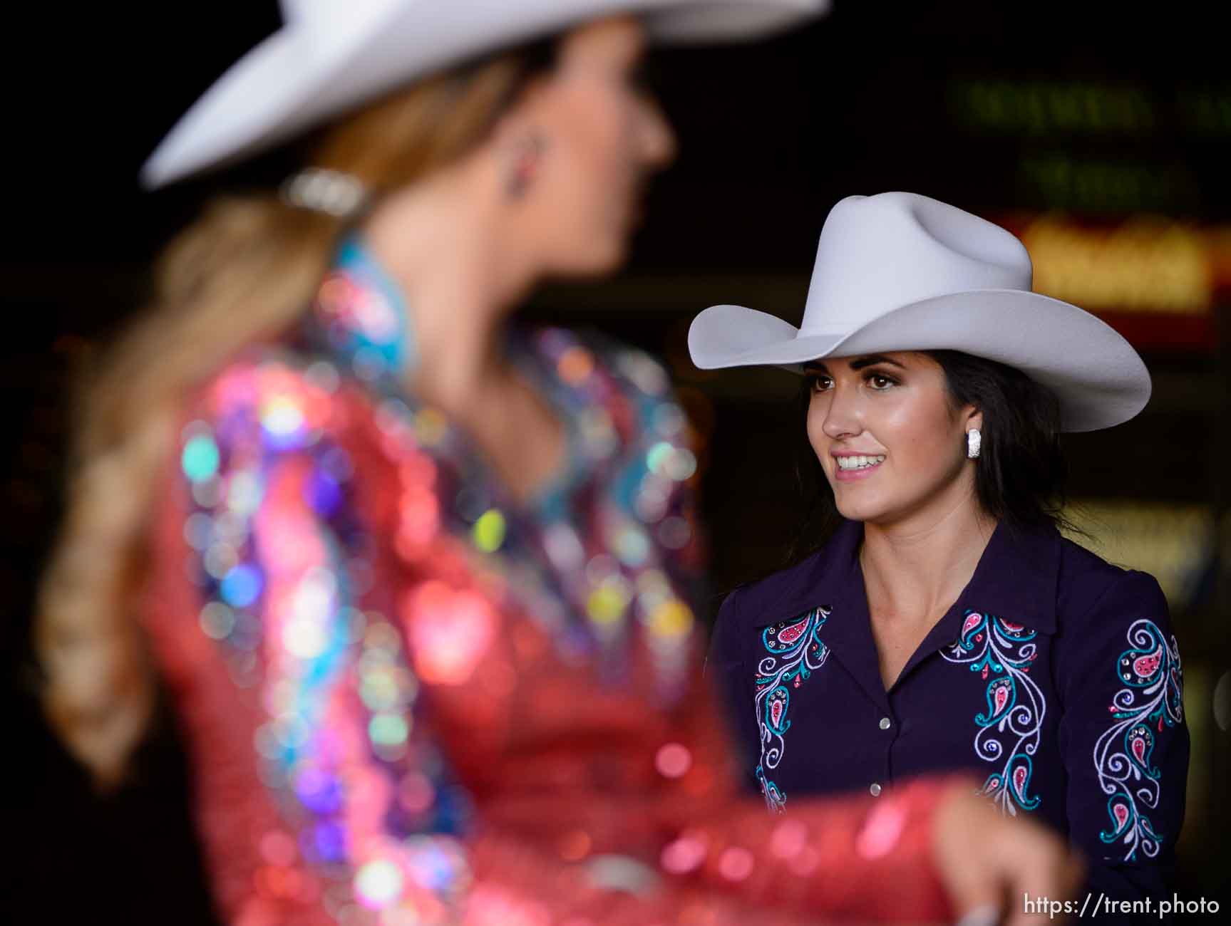 (Trent Nelson | The Salt Lake Tribune)  
Contestants in the Miss Utah Rodeo pageant compete in the horsemanship competition at the Golden Spike Arena in Ogden, Thursday July 19, 2018.