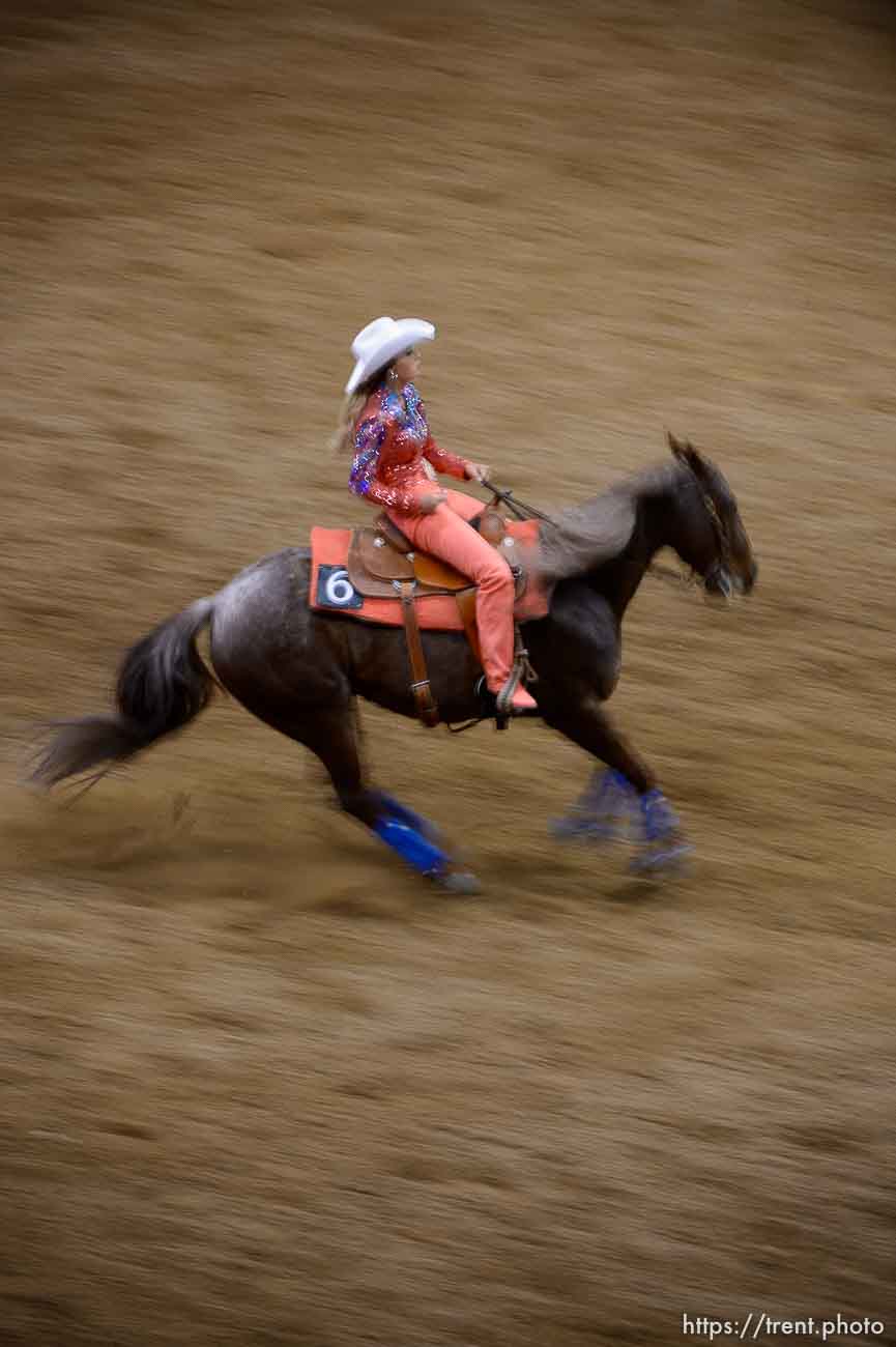 (Trent Nelson | The Salt Lake Tribune)  
Contestants in the Miss Utah Rodeo pageant compete in the horsemanship competition at the Golden Spike Arena in Ogden, Thursday July 19, 2018. Shianne Lowe.