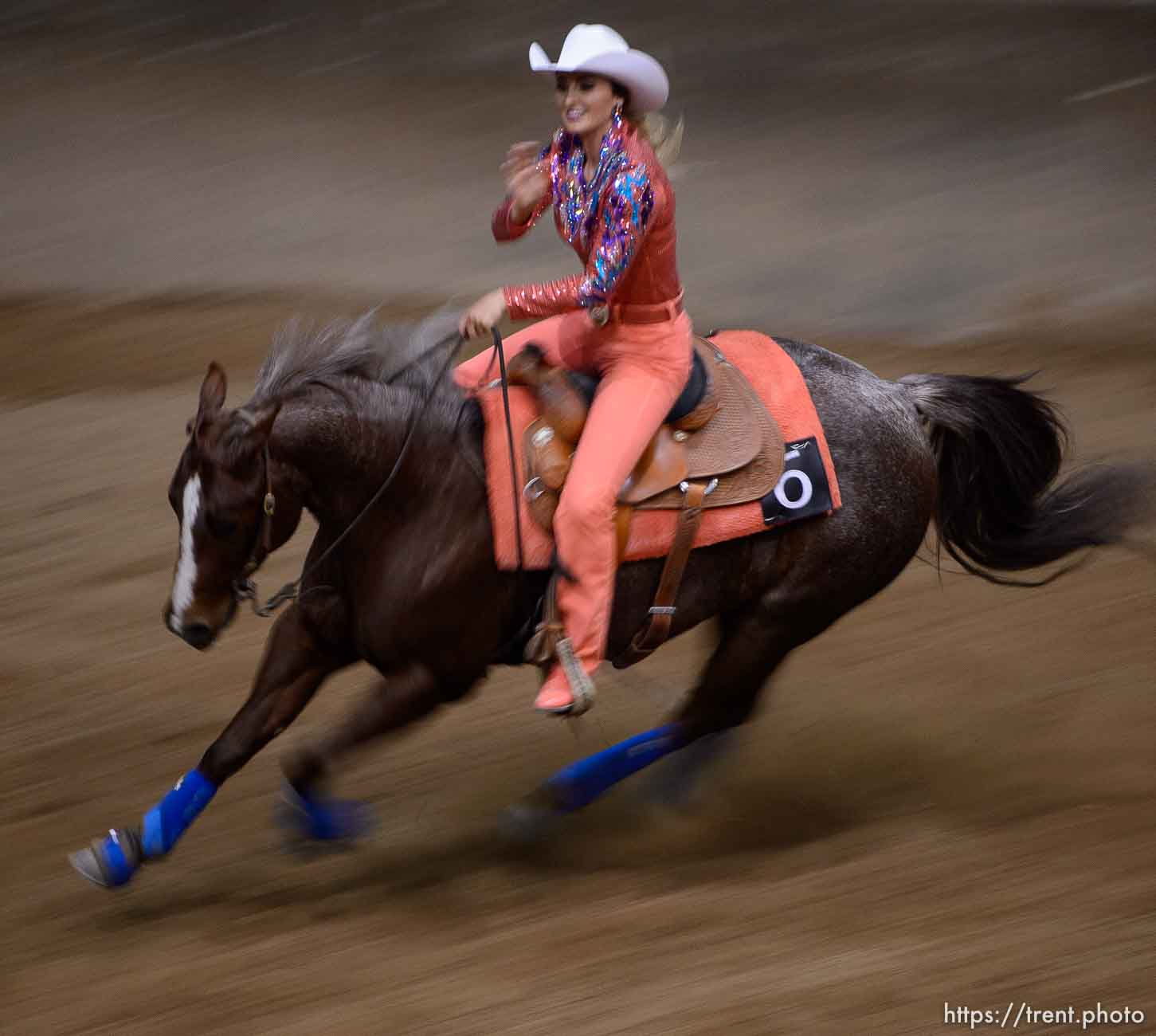 (Trent Nelson | The Salt Lake Tribune)  
Contestants in the Miss Utah Rodeo pageant compete in the horsemanship competition at the Golden Spike Arena in Ogden, Thursday July 19, 2018. Shianne Lowe.