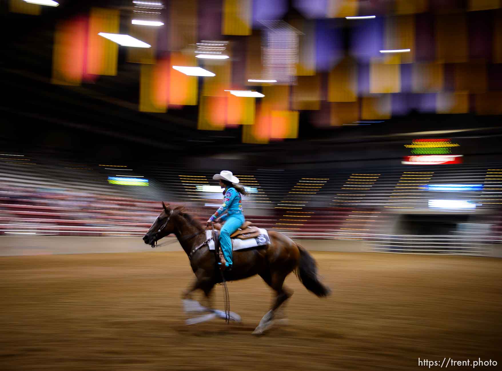 (Trent Nelson | The Salt Lake Tribune)  
Contestants in the Miss Utah Rodeo pageant compete in the horsemanship competition at the Golden Spike Arena in Ogden, Thursday July 19, 2018. McKaylie Richins.