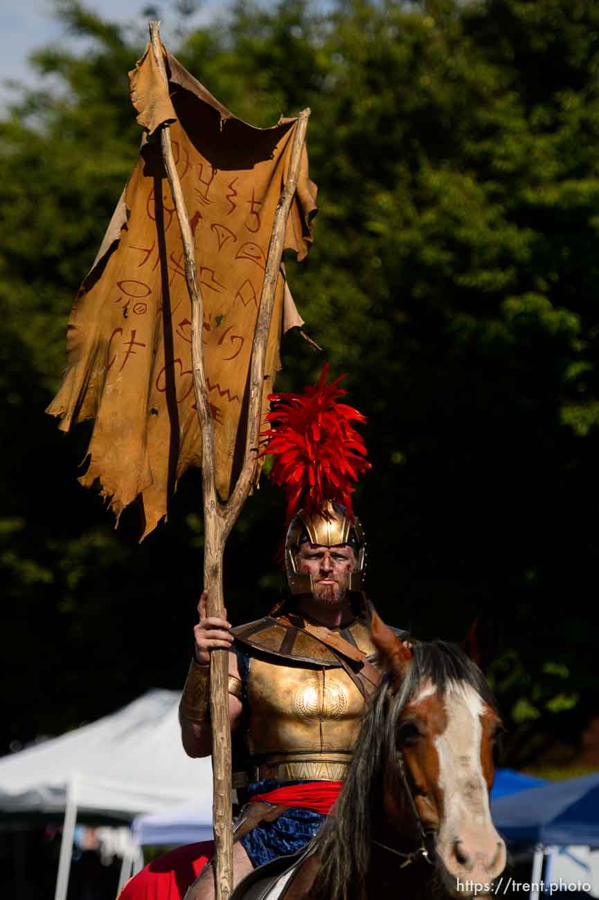 (Trent Nelson | The Salt Lake Tribune)  
The Days of '47 Parade in Salt Lake City, Tuesday July 24, 2018. Captain Moroni carries the Title of Liberty, in a parade entry for reignmovie.com.