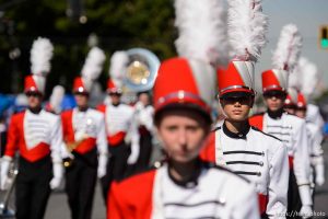 (Trent Nelson | The Salt Lake Tribune)  
The Days of '47 Parade in Salt Lake City, Tuesday July 24, 2018. Park City High School's marching band.