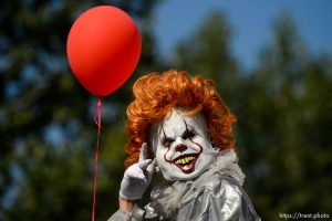 (Trent Nelson | The Salt Lake Tribune)  
The Days of '47 Parade in Salt Lake City, Tuesday July 24, 2018. Pennywise the clown.