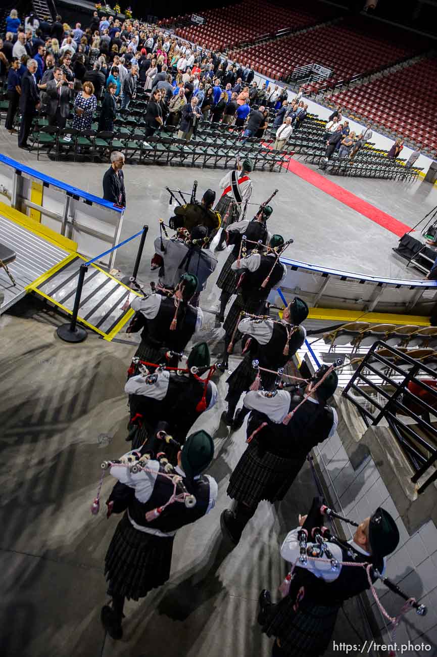 (Trent Nelson | The Salt Lake Tribune)  
The Emerald Society Pipe and Drum band at funeral services for Jill Robinson, a West Valley City code-enforcement officer killed on the job last week. The service took place at the Maverik Center in West Valley City on Friday Aug. 17, 2018.