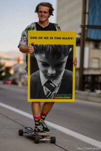 (Trent Nelson | The Salt Lake Tribune)  
People gathered in front of the LDS Church Administration Building Salt Lake City, Sunday Sept. 9, 2018 in support of Sam Young. Young was in a disciplinary hearing tonight after he made calls for changes to the church's youth interview process.