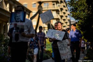 (Trent Nelson | The Salt Lake Tribune)  
People gathered in front of the LDS Church Administration Building Salt Lake City, Sunday Sept. 9, 2018 in support of Sam Young. Young was in a disciplinary hearing tonight after he made calls for changes to the church's youth interview process.