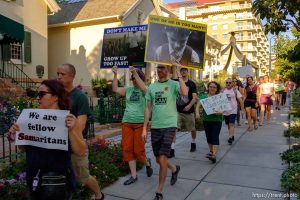 (Trent Nelson | The Salt Lake Tribune)  
People gathered in front of the LDS Church Administration Building Salt Lake City, Sunday Sept. 9, 2018 in support of Sam Young. Young was in a disciplinary hearing tonight after he made calls for changes to the church's youth interview process.
