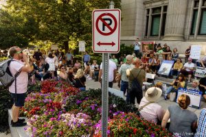 (Trent Nelson | The Salt Lake Tribune)  
People gathered in front of the LDS Church Administration Building Salt Lake City, Sunday Sept. 9, 2018 in support of Sam Young. Young was in a disciplinary hearing tonight after he made calls for changes to the church's youth interview process.