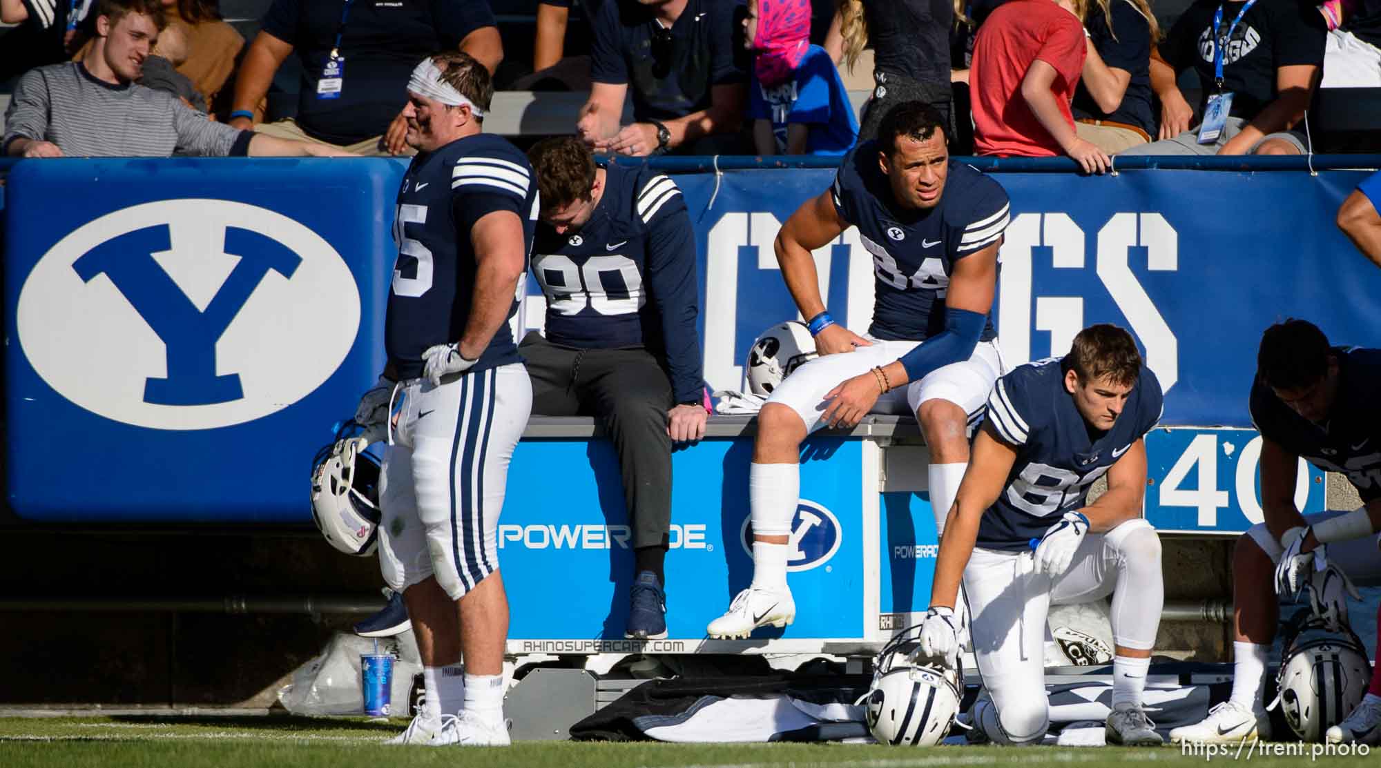 (Trent Nelson | The Salt Lake Tribune)  
BYU players on the sideline in the fourth quarter as BYU hosts Northern Illinois, NCAA football in Provo, Saturday Oct. 27, 2018.