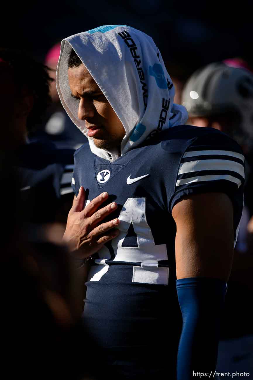 (Trent Nelson | The Salt Lake Tribune)  
Brigham Young Cougars wide receiver Neil Pau'u (84) after the 7-6 loss as BYU hosts Northern Illinois, NCAA football in Provo, Saturday Oct. 27, 2018.