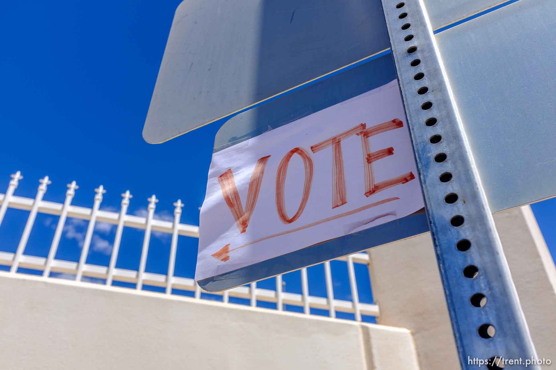 Trent Nelson  |  The Salt Lake Tribune
Posted in front of a mansion constructed for imprisoned FLDS leader Warren Jeffs, a sign encourages locals to vote in a primary in Hildale, Monday May 1, 2017.