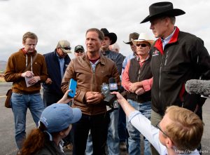 Trent Nelson  |  The Salt Lake Tribune
Secretary of the Interior Ryan Zinke, news conference at the Kanab Airport, Wednesday May 10, 2017. matt piper, left, chris stewart speaking