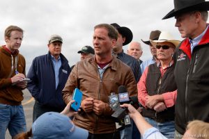 Trent Nelson  |  The Salt Lake Tribune
Secretary of the Interior Ryan Zinke, news conference at the Kanab Airport, Wednesday May 10, 2017. matt piper, left, chris stewart speaking