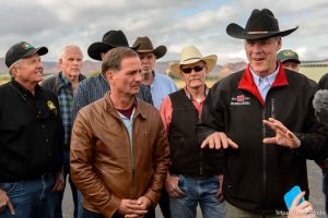 Trent Nelson  |  The Salt Lake Tribune
Secretary of the Interior Ryan Zinke, right, speaks at a news conference at the Kanab Airport, Wednesday May 10, 2017. Standing with him were Rep. Chris Stewart and a group of county commissioners.