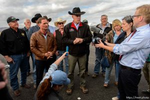 Trent Nelson  |  The Salt Lake Tribune
Secretary of the Interior Ryan Zinke speaks at a news conference at the Kanab Airport, Wednesday May 10, 2017. Standing with him were Rep. Chris Stewart and a group of county commissioners.