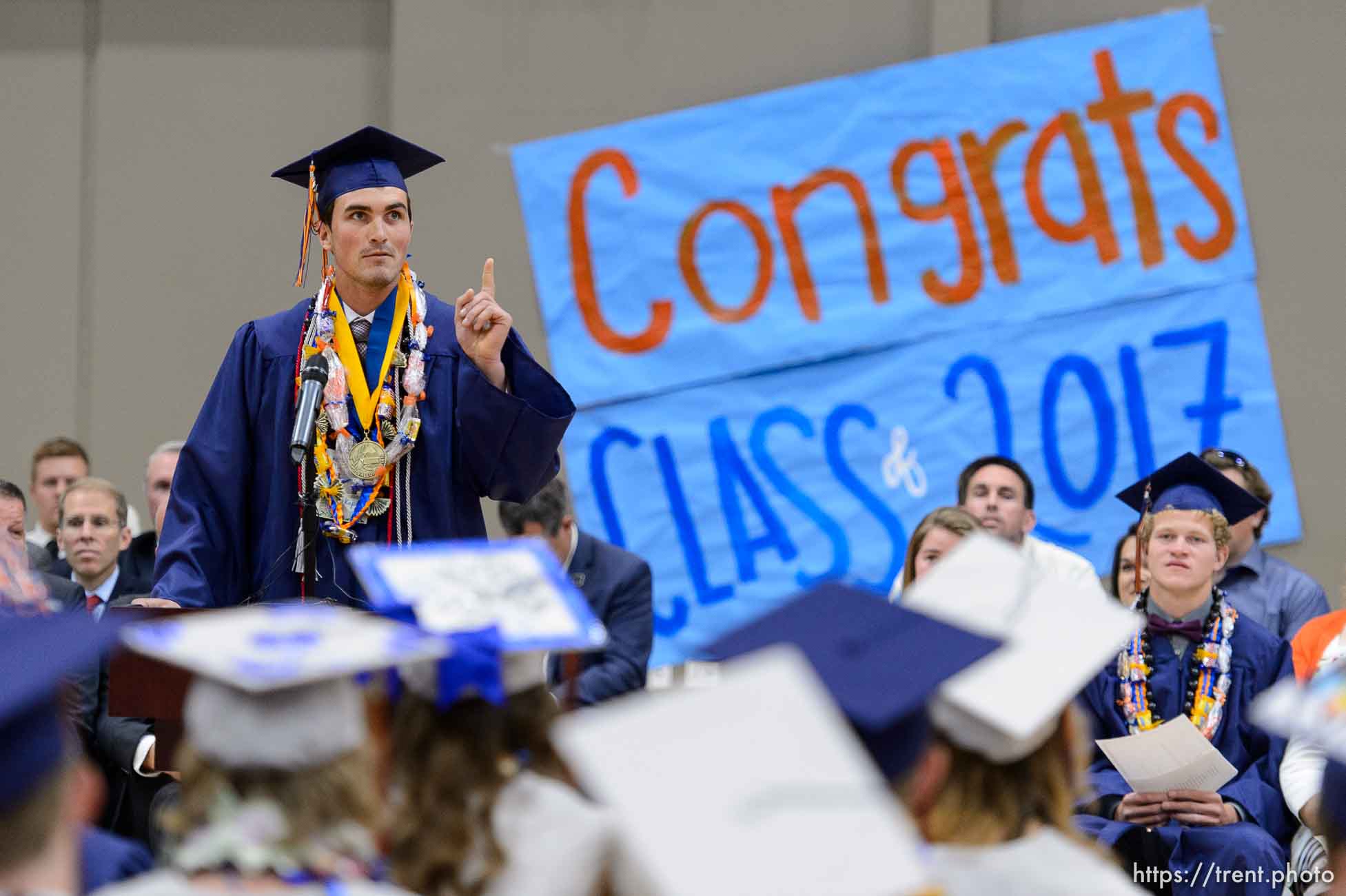 Trent Nelson  |  The Salt Lake Tribune
Valedictorian Roy Jessop speaks at Water Canyon High School's graduation ceremony in Hildale, Monday May 22, 2017. Two years ago the school had one graduate, this year twenty-five.