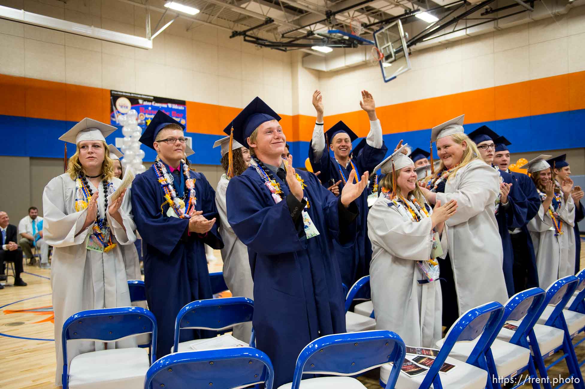 Trent Nelson  |  The Salt Lake Tribune
Graduates acknowledge their families and supporters at Water Canyon High School's graduation ceremony in Hildale, Monday May 22, 2017. Two years ago the school had one graduate, this year twenty-five.