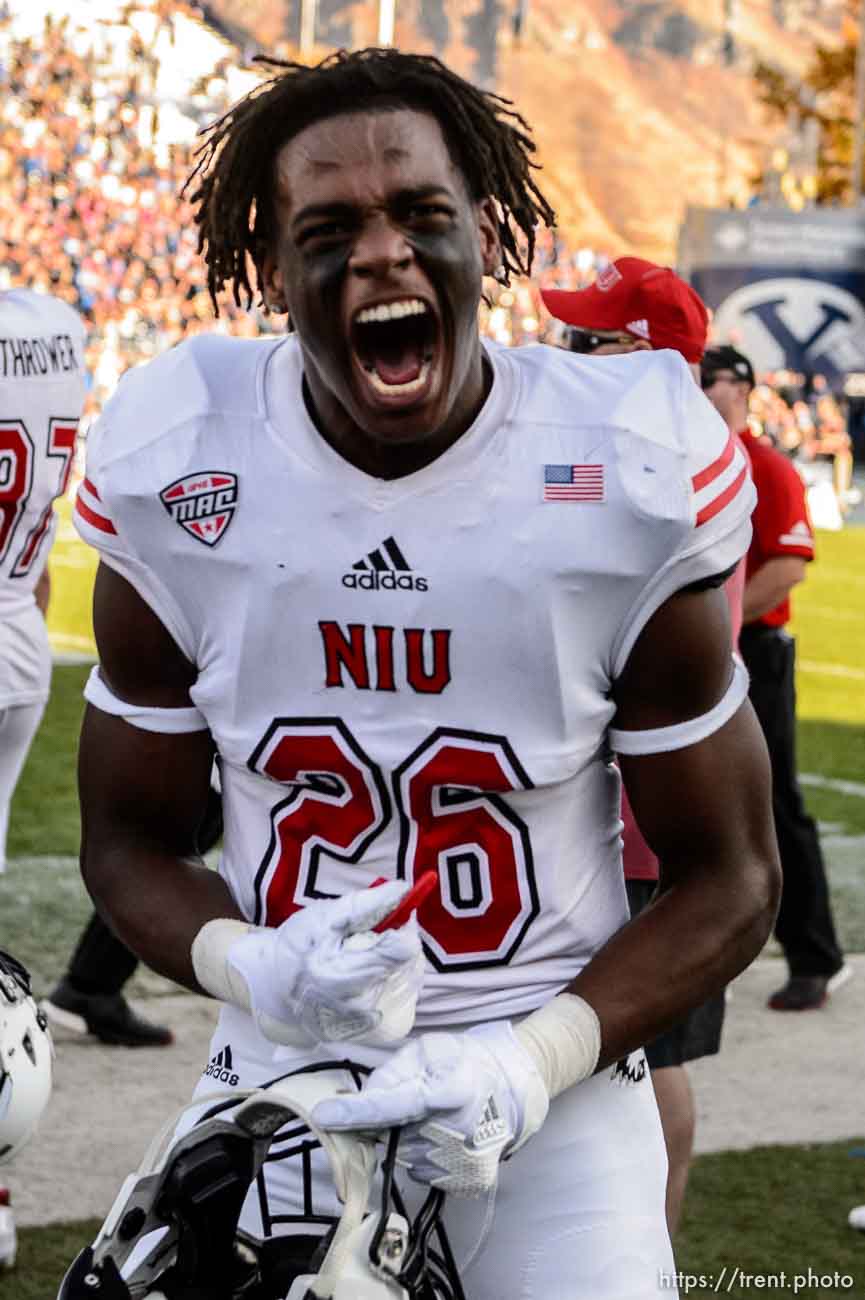 (Trent Nelson | The Salt Lake Tribune)  
Northern Illinois Huskies cornerback Antwain Walker (26) celebrates after a fourth quarter interception as BYU hosts Northern Illinois, NCAA football in Provo, Saturday Oct. 27, 2018.