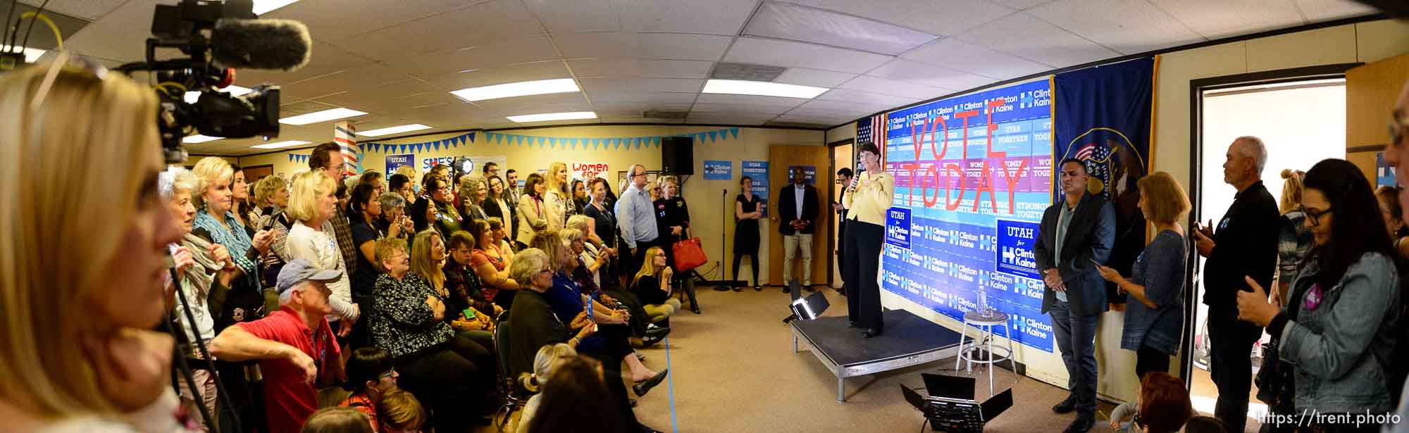 Trent Nelson  |  The Salt Lake Tribune
Anne Holton, the wife of vice presidential nominee Tim Kaine, meets with volunteers and supporters at the Hillary for Utah headquarters in Salt Lake City to talk about early voting, Friday November 4, 2016.