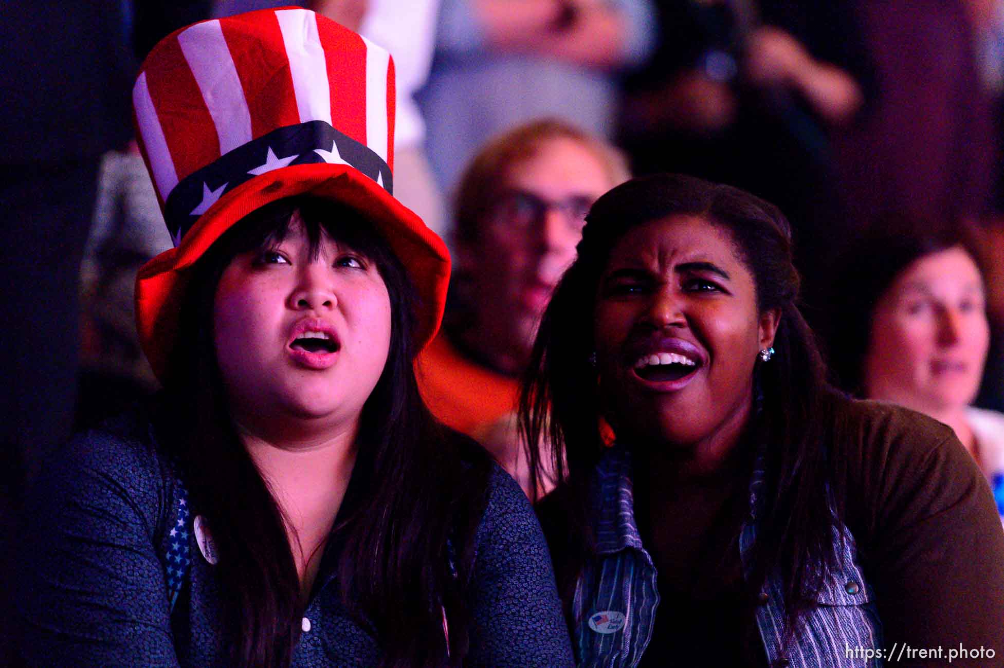 Trent Nelson  |  The Salt Lake Tribune
Sophia Keo and Toree Green react to Trump winning Ohio at the Utah Democrats Election Night Party at the Sheraton Hotel in Salt Lake City, Tuesday November 8, 2016.