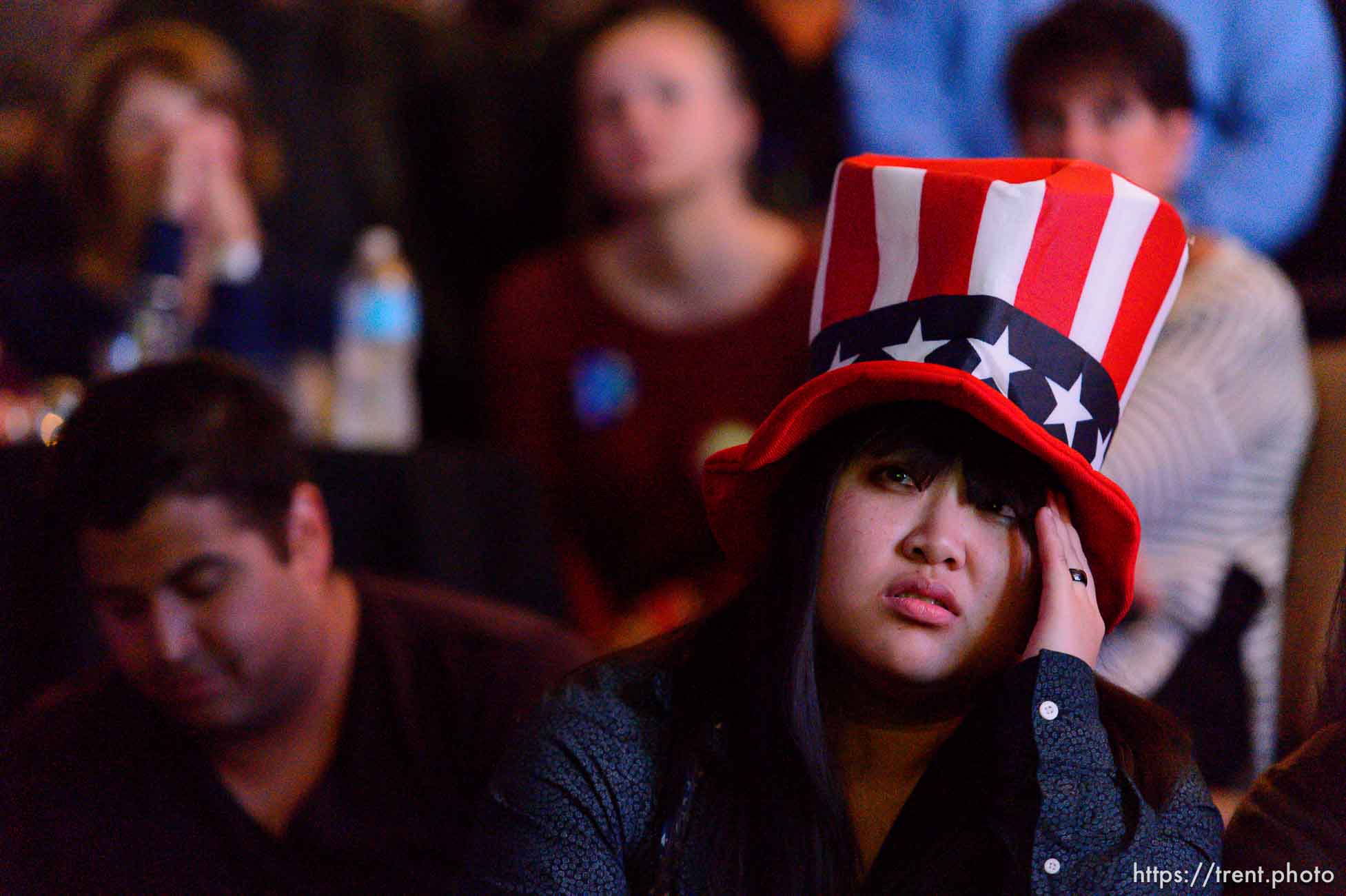 Trent Nelson  |  The Salt Lake Tribune
Sophia Keo reacts to results in the Presidential election at the Utah Democrats Election Night Party at the Sheraton Hotel in Salt Lake City, Tuesday November 8, 2016.