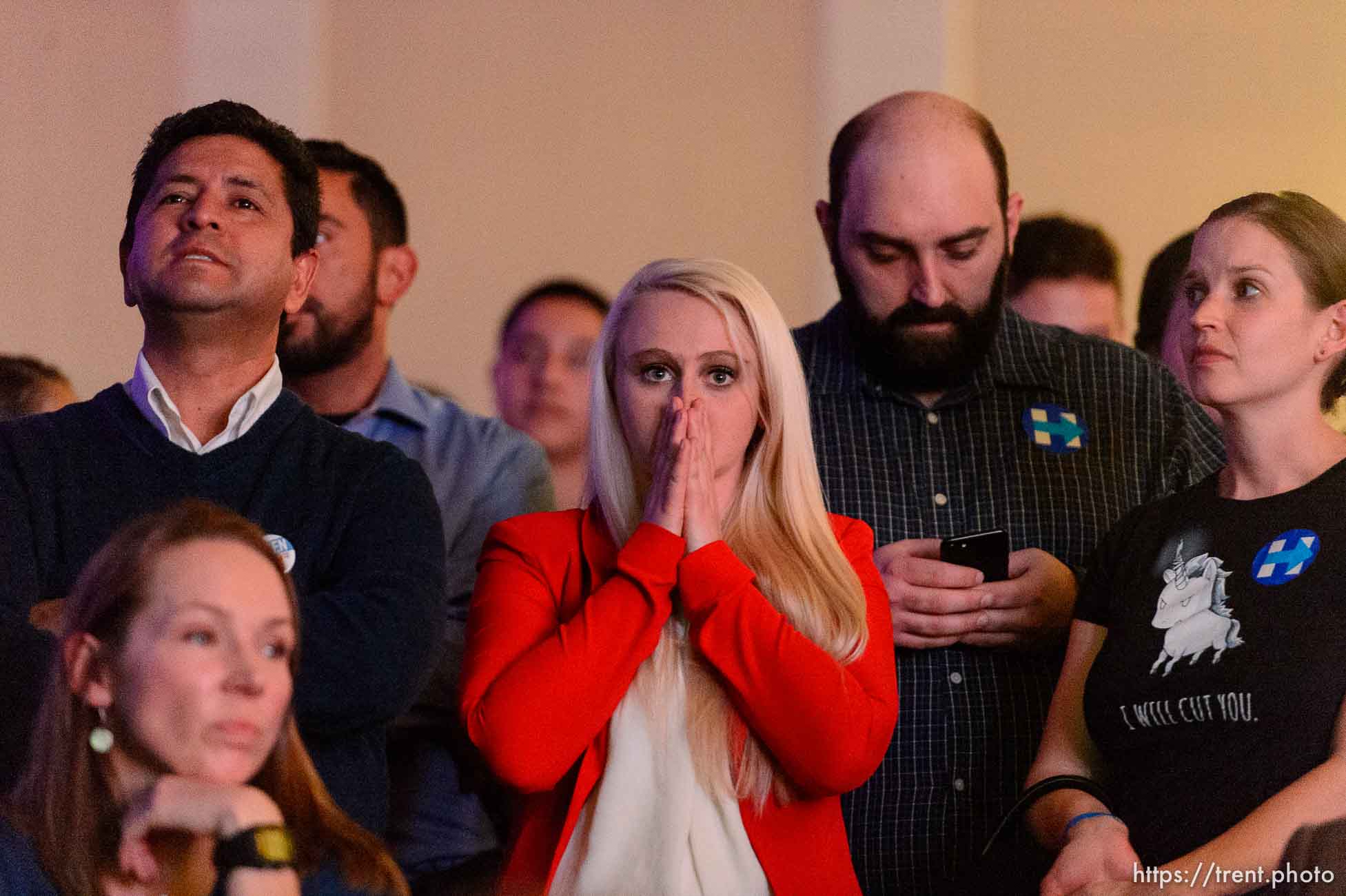 Trent Nelson  |  The Salt Lake Tribune
Reaction to results in the Presidential election at the Utah Democrats Election Night Party at the Sheraton Hotel in Salt Lake City, Tuesday November 8, 2016.