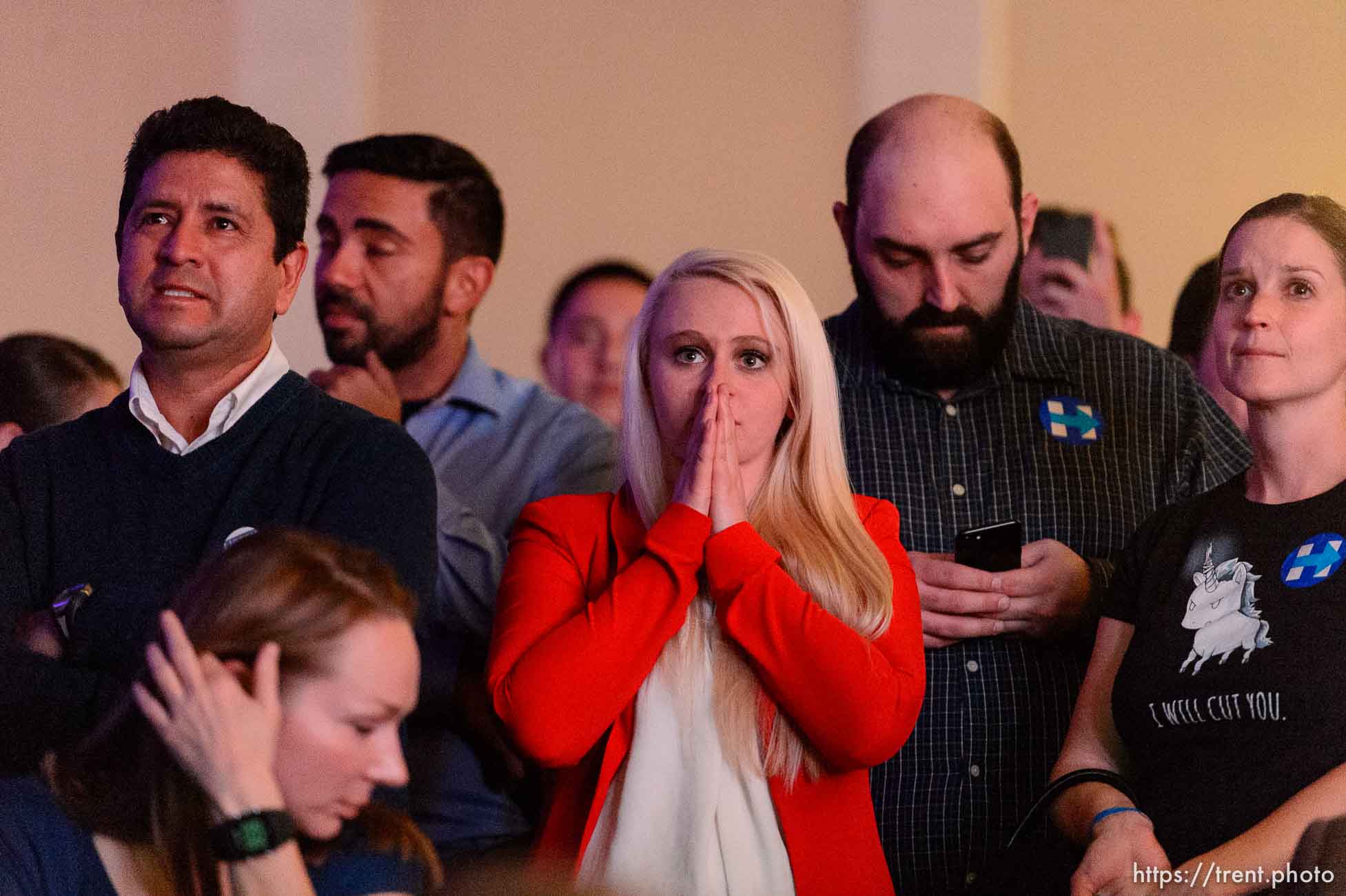 Trent Nelson  |  The Salt Lake Tribune
Reaction to results in the Presidential election at the Utah Democrats Election Night Party at the Sheraton Hotel in Salt Lake City, Tuesday November 8, 2016.