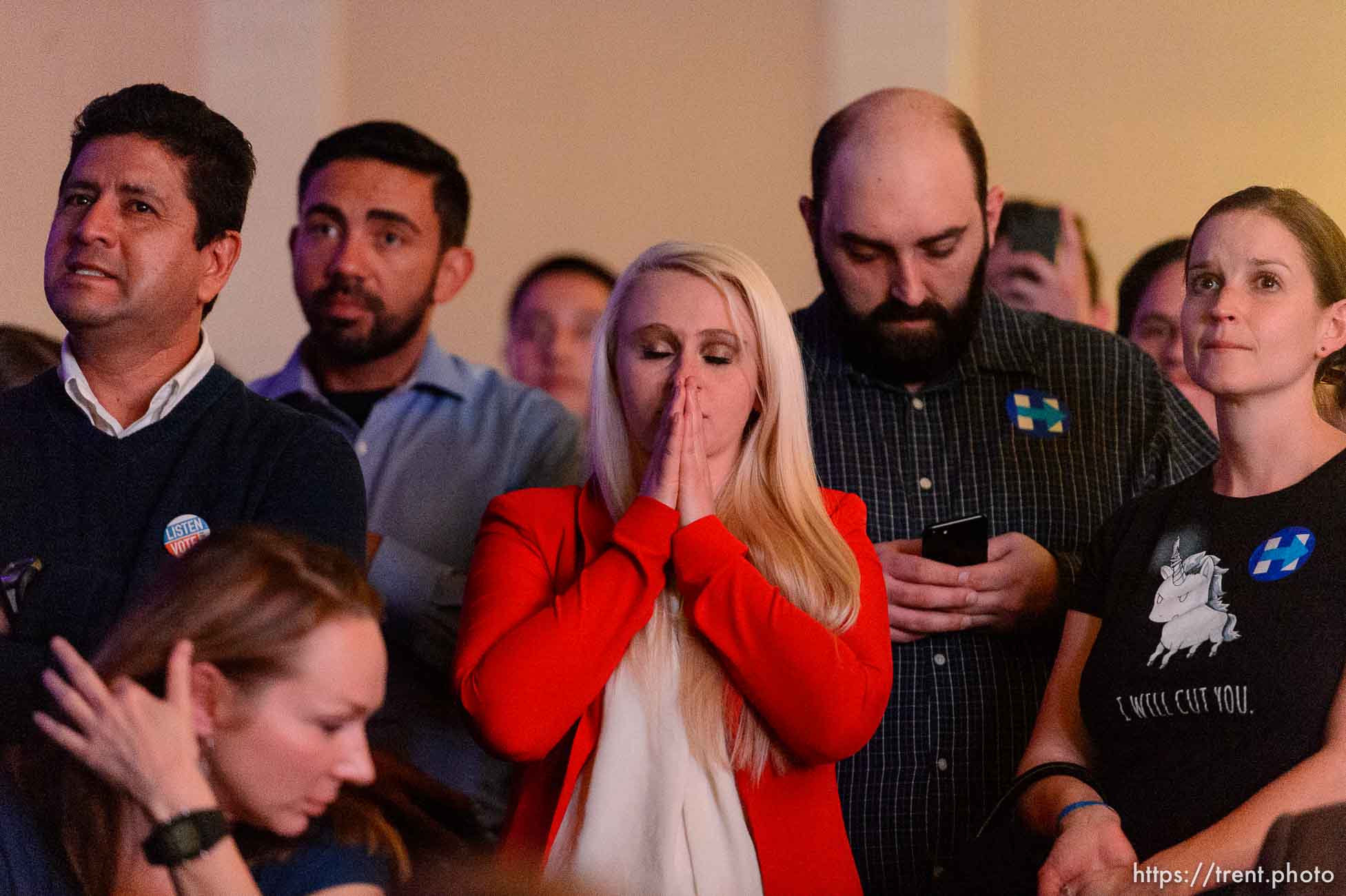 Trent Nelson  |  The Salt Lake Tribune
Reaction to results in the Presidential election at the Utah Democrats Election Night Party at the Sheraton Hotel in Salt Lake City, Tuesday November 8, 2016.