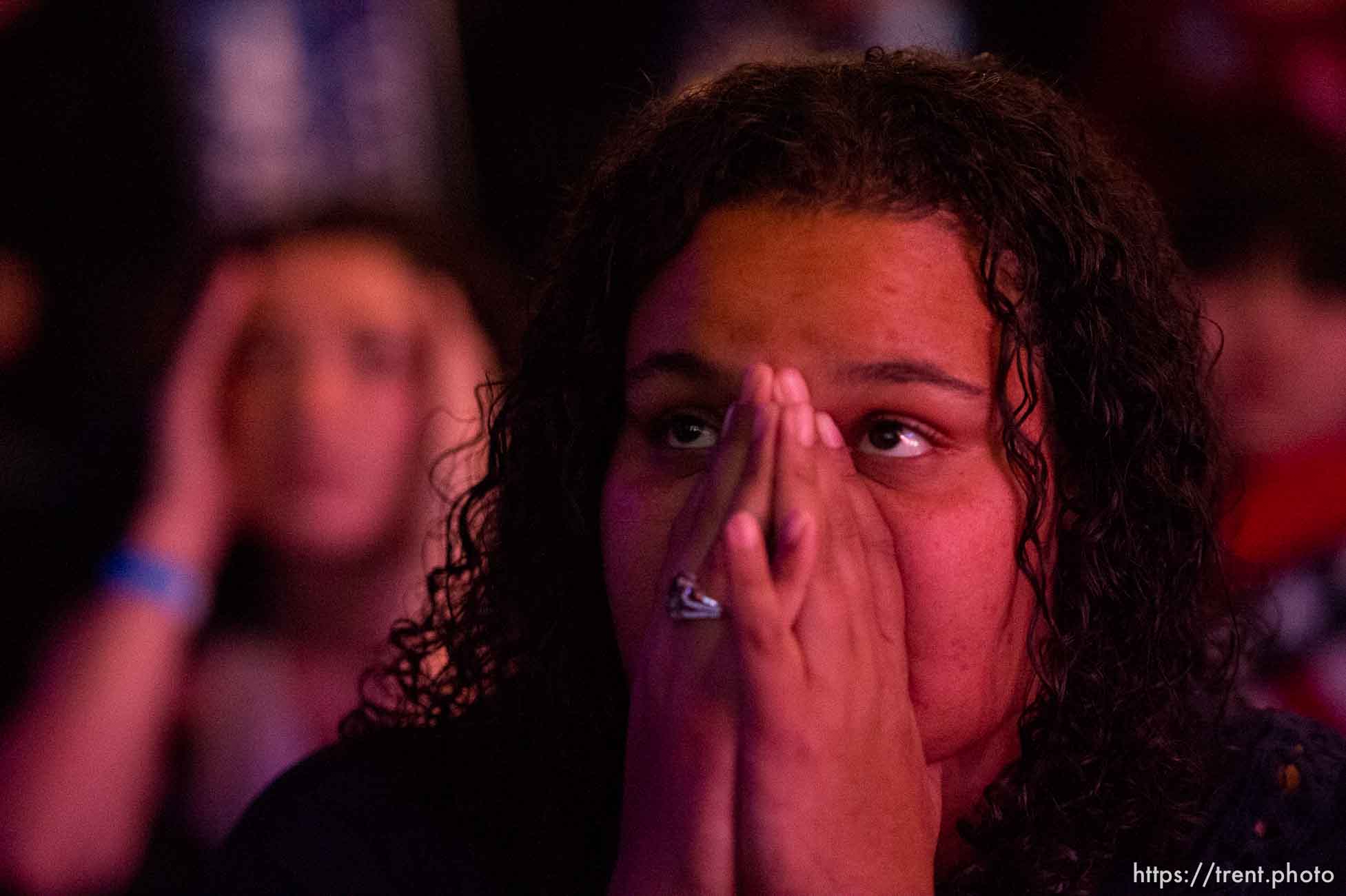 Trent Nelson  |  The Salt Lake Tribune
Crystal Evans reacts at the Utah Democrats Election Night Party at the Sheraton Hotel in Salt Lake City, Tuesday November 8, 2016.