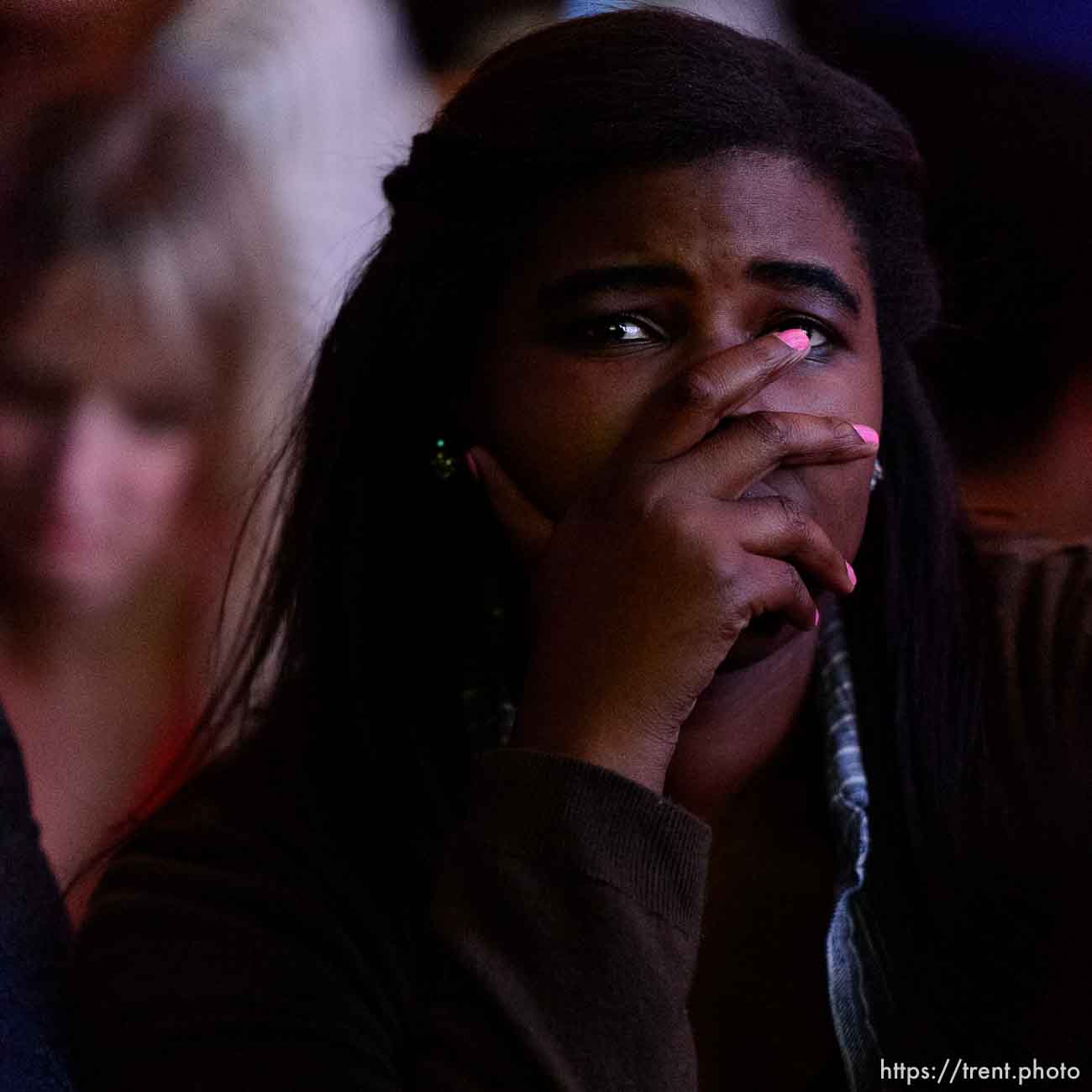 Trent Nelson  |  The Salt Lake Tribune
Toree Green reacts to developments in the Presidential election at the Utah Democrats Election Night Party at the Sheraton Hotel in Salt Lake City, Tuesday November 8, 2016.