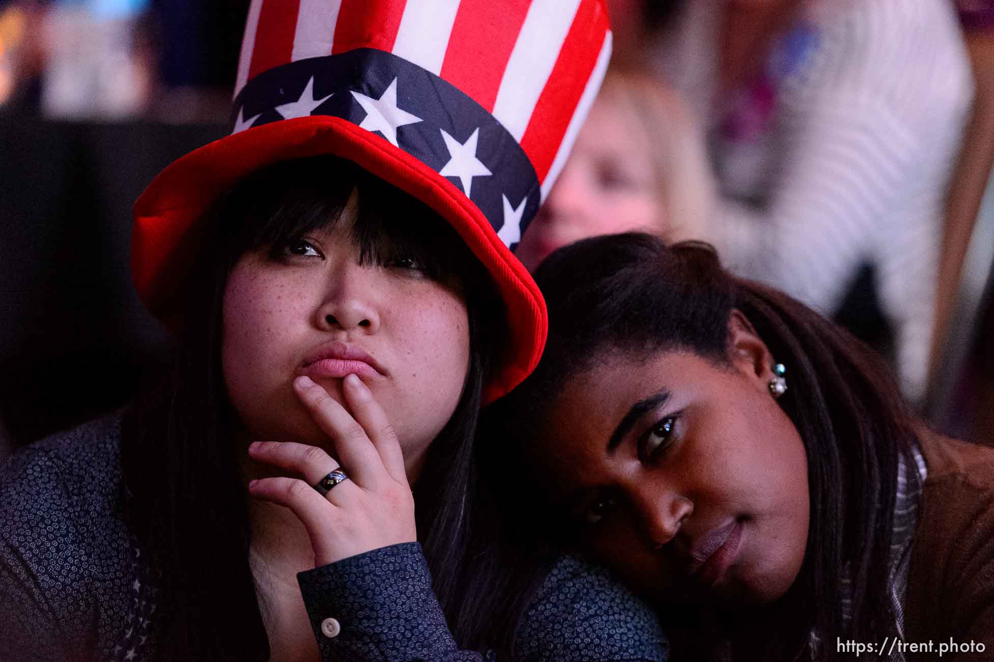 Trent Nelson  |  The Salt Lake Tribune
Sophia Keo and Toree Green react developments in the Presidential election at the Utah Democrats Election Night Party at the Sheraton Hotel in Salt Lake City, Tuesday November 8, 2016.