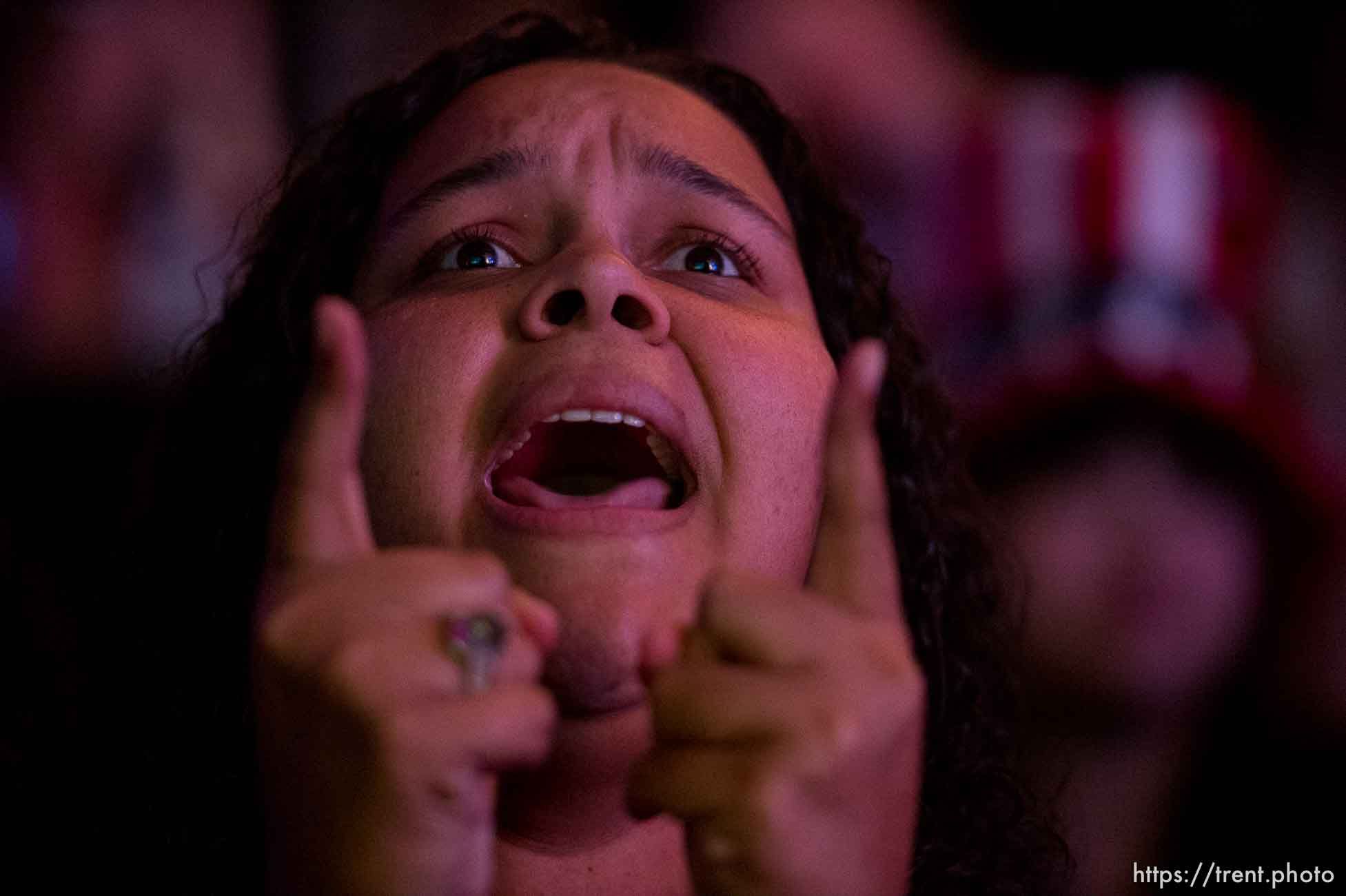 Trent Nelson  |  The Salt Lake Tribune
Crystal Evans reacts to developments in the Presidential election at the Utah Democrats Election Night Party at the Sheraton Hotel in Salt Lake City, Tuesday November 8, 2016.