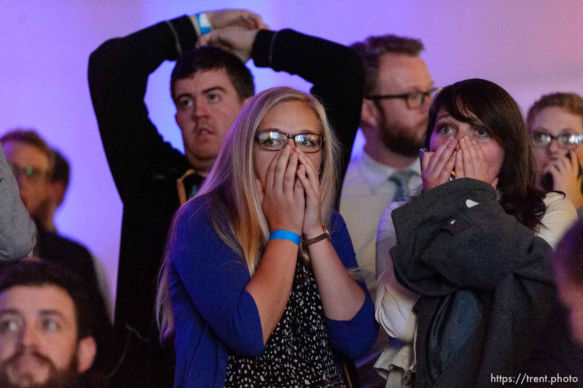 Trent Nelson  |  The Salt Lake Tribune
Reaction to developments in the Presidential election at the Utah Democrats Election Night Party at the Sheraton Hotel in Salt Lake City, Tuesday November 8, 2016.