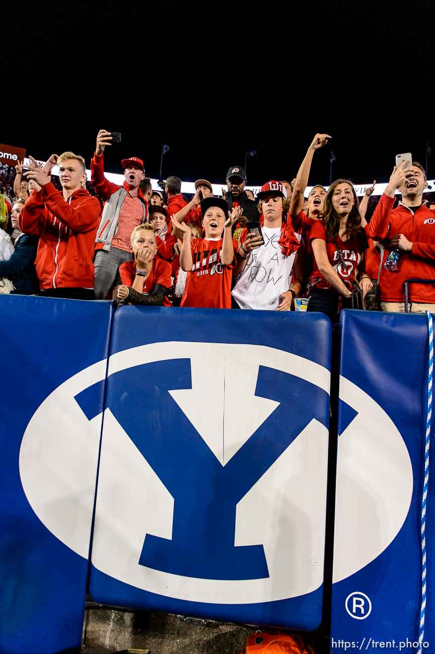 (Trent Nelson | The Salt Lake Tribune)  Utah fans celebrate the win as BYU hosts Utah, NCAA football in Provo, Saturday September 9, 2017.